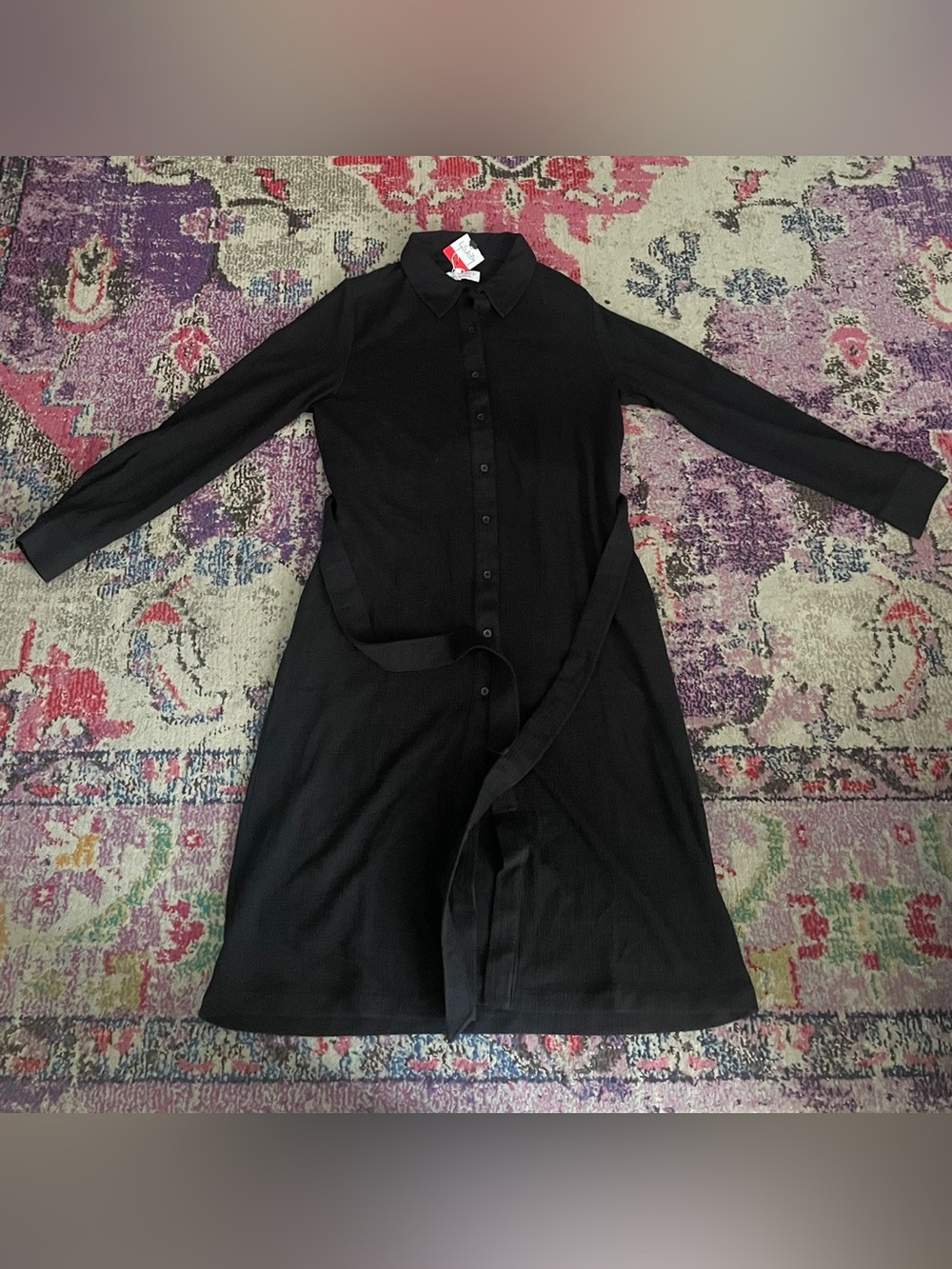 Kersh Black Long-Sleeve Button Front Shirt Dress with Tie